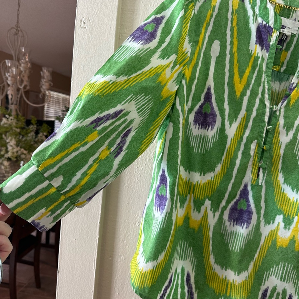 GORGEOUS ANTHROPOLOGIE GREEN PRINT 3/4 SLEEVE W/BUTTONS BLOUSE TOP WOW L - Picture 3 of 5